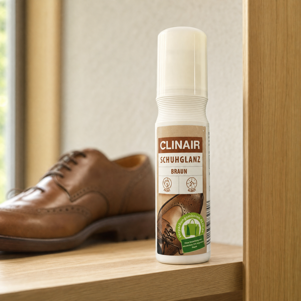 CLINAIR abrillantador para zapatos — color marrón, envase con dosificador