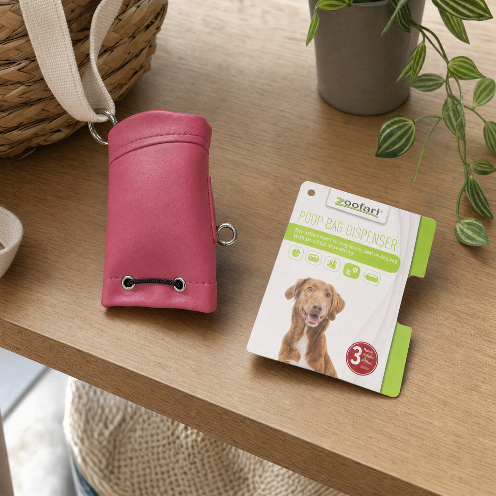 Zoofari dispensador de bolsas para excrementos rosa con cordón, clip metálico y 3 rollos