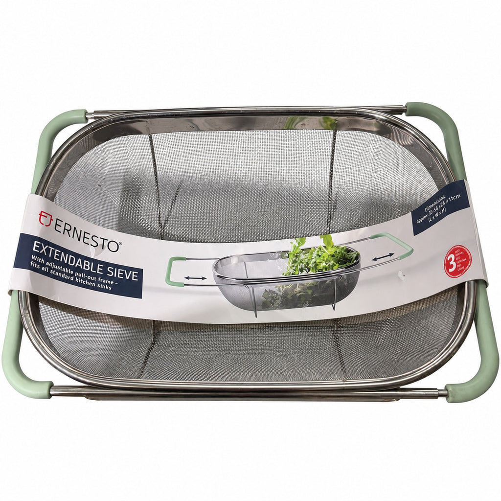 ERNESTO colador extensible de malla con asas verde claro y etiqueta original