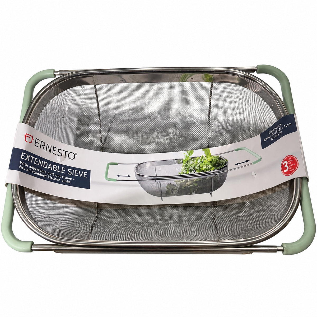 ERNESTO colador extensible de malla con asas verde claro y etiqueta original