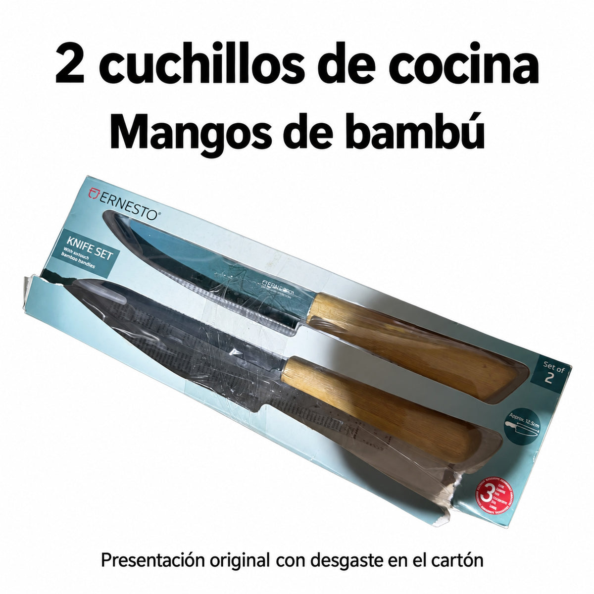 ERNESTO juego de dos cuchillos con mangos de bambú; embalaje con desgaste
