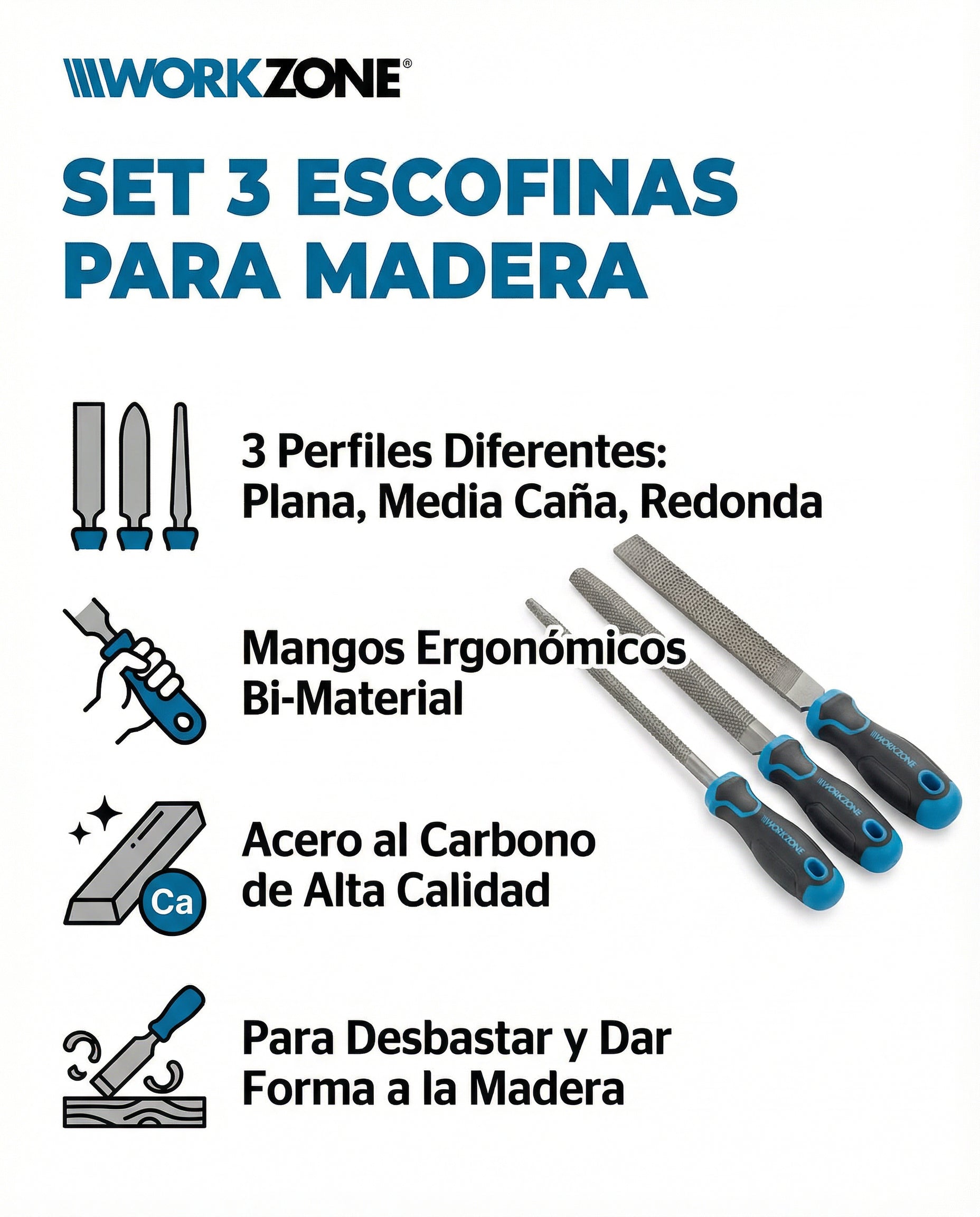 Set 3 Escofinas para Madera Plana + Media Caña + Redonda | Workzone