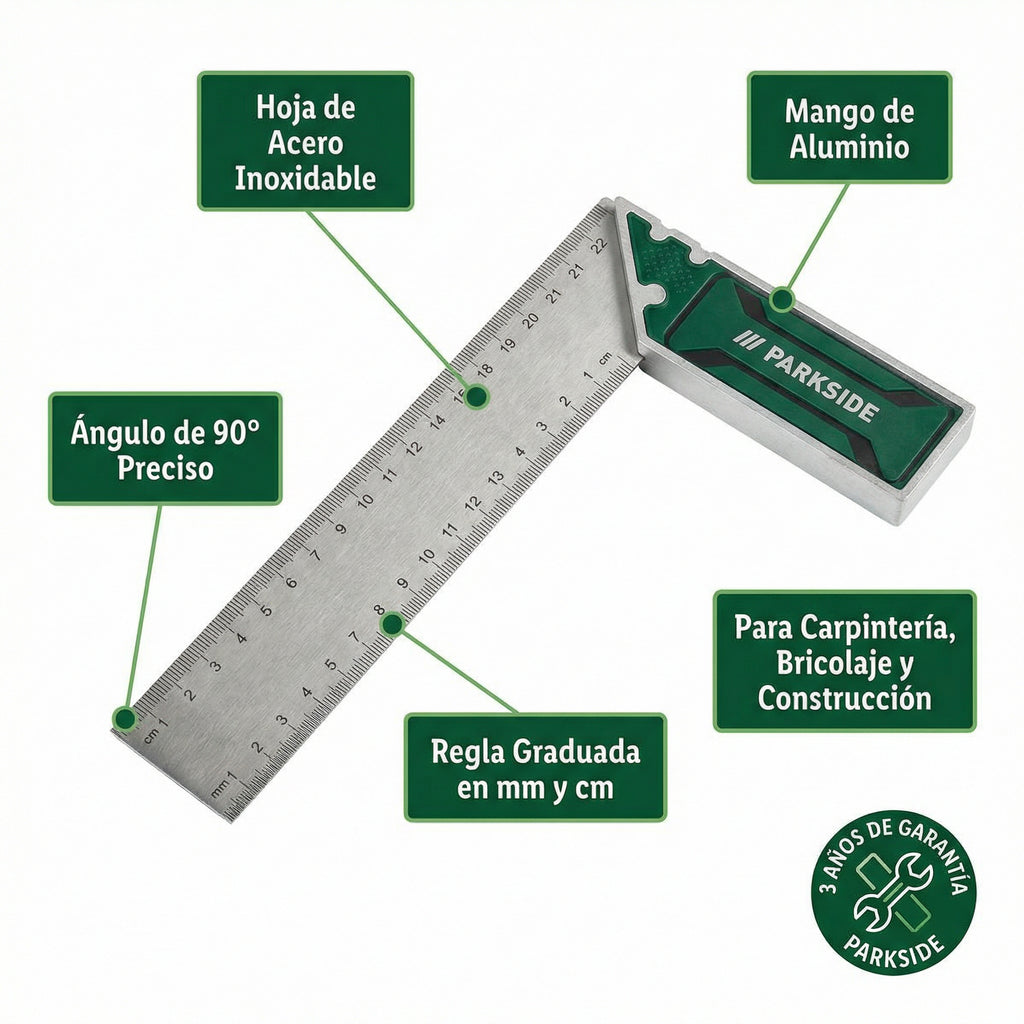 Escuadra de Carpintero Metálica Acero Inoxidable con Regla | Parkside