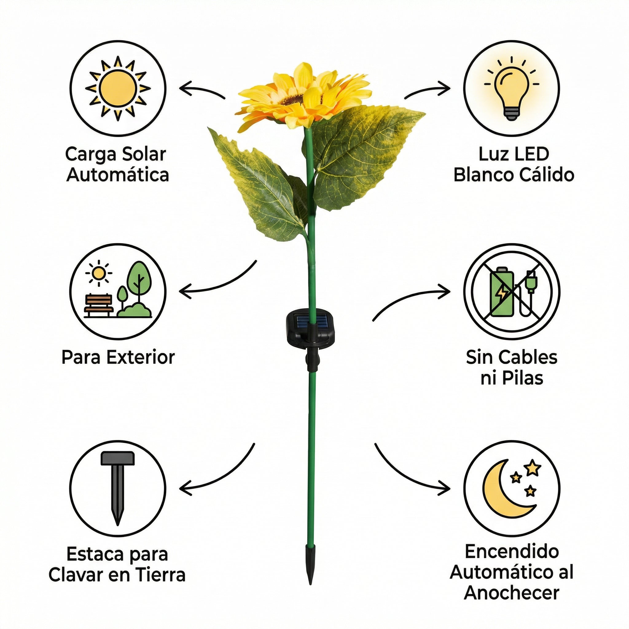Estaca Solar Decorativa Girasol con Luz LED Cálida para Jardín | Belavi