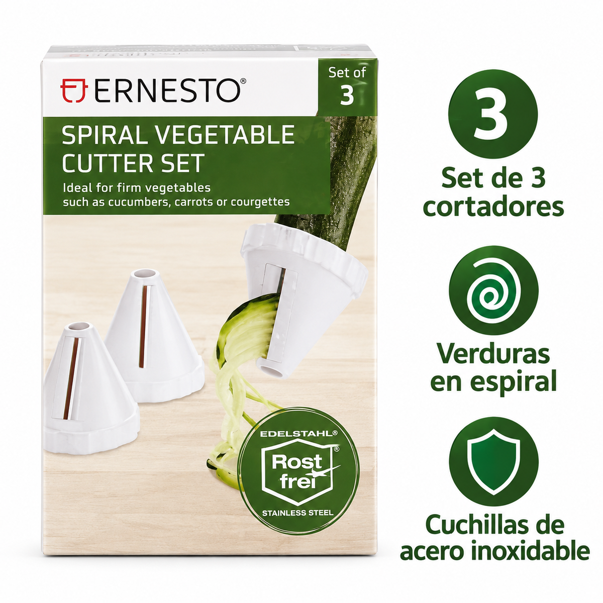 Características del set Ernesto: tres cortadores, verduras en espiral y cuchillas de acero inoxidable