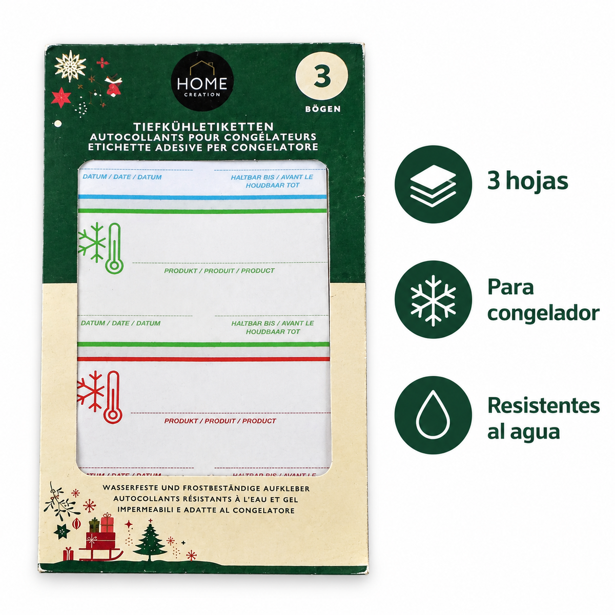 Etiquetas Home Creation: tres hojas, para congelador y resistentes al agua