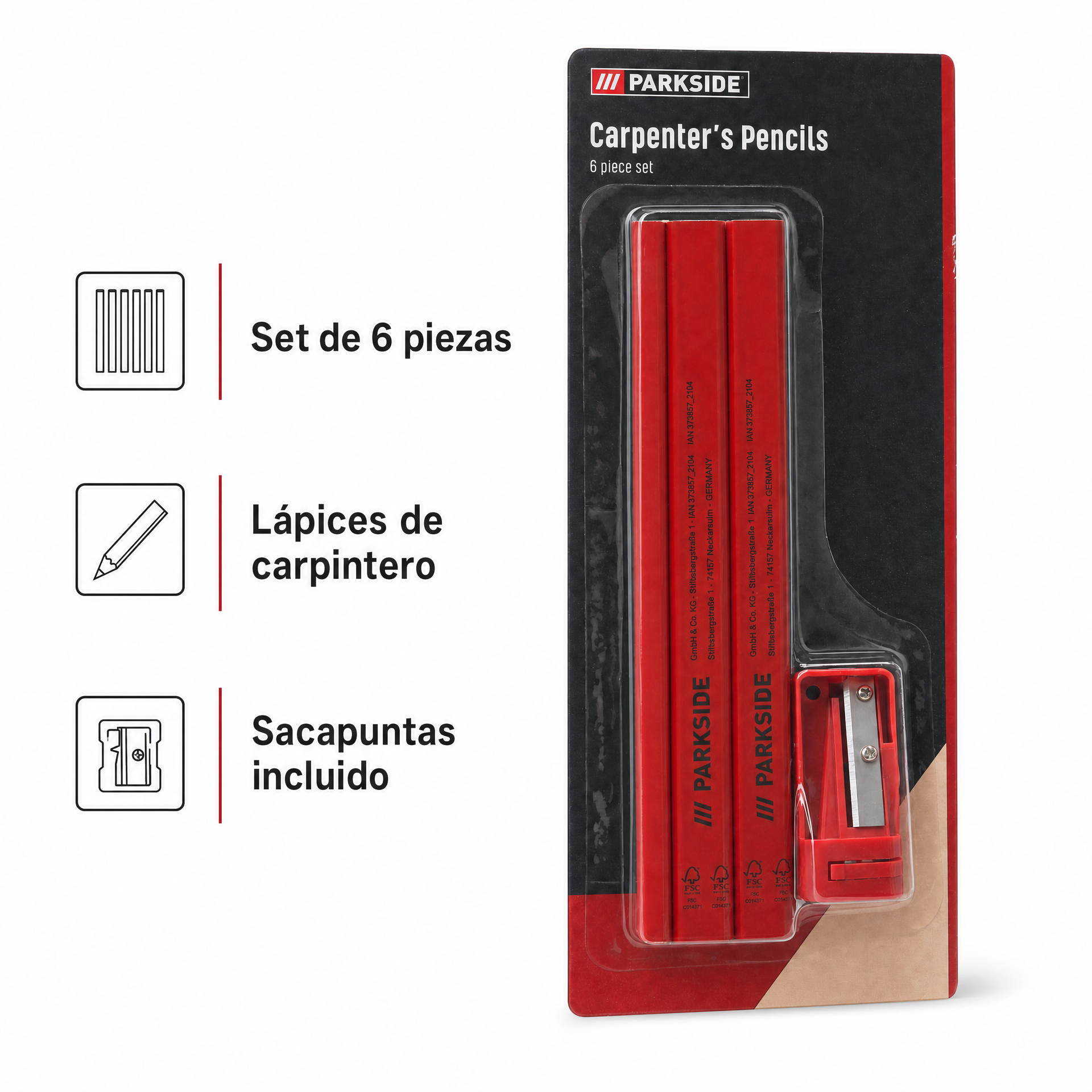 Parkside Set de 6 Lápices de Carpintero con Sacapuntas