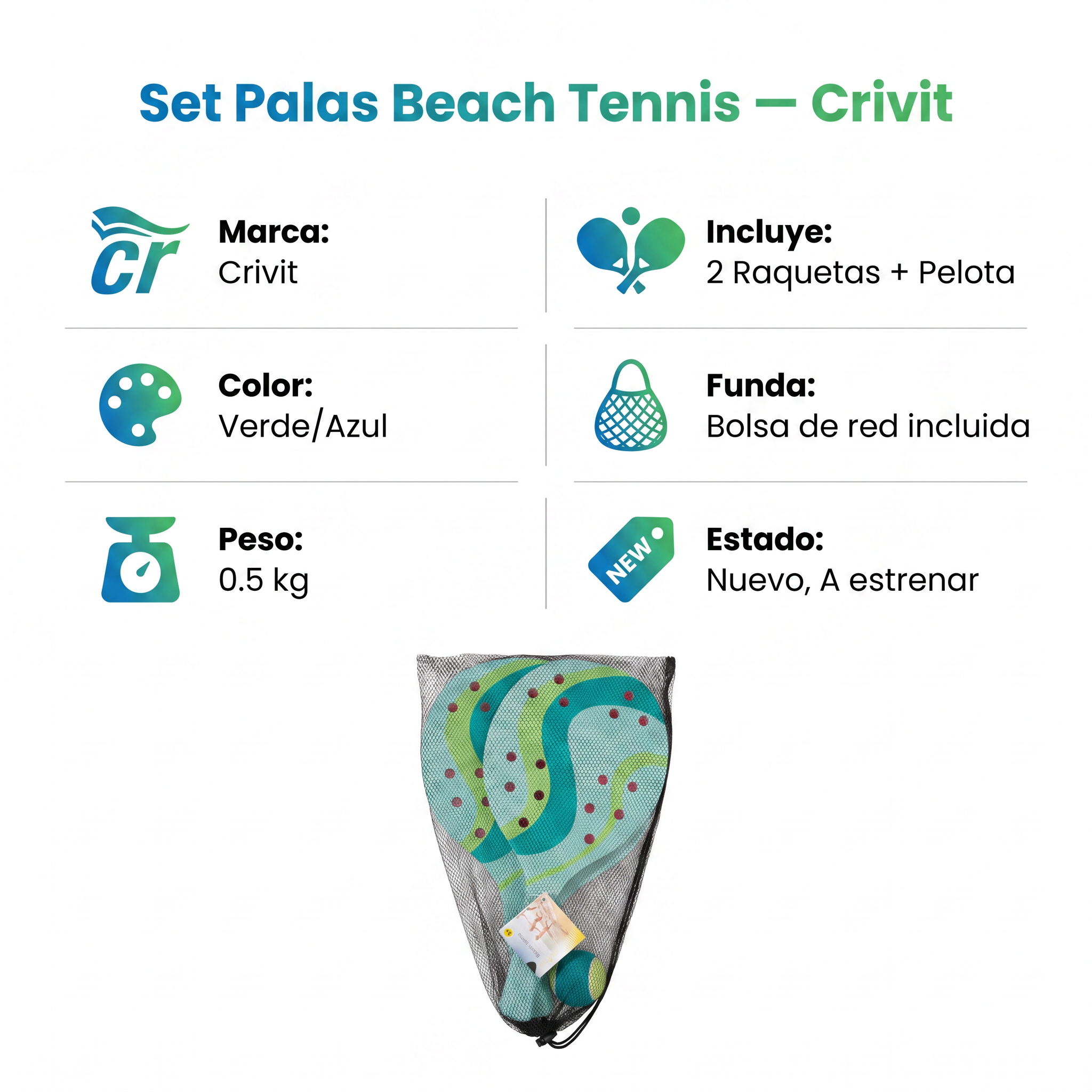 Set Palas de Beach Tennis Crivit — 2 Raquetas + Pelota | Verde/Azul