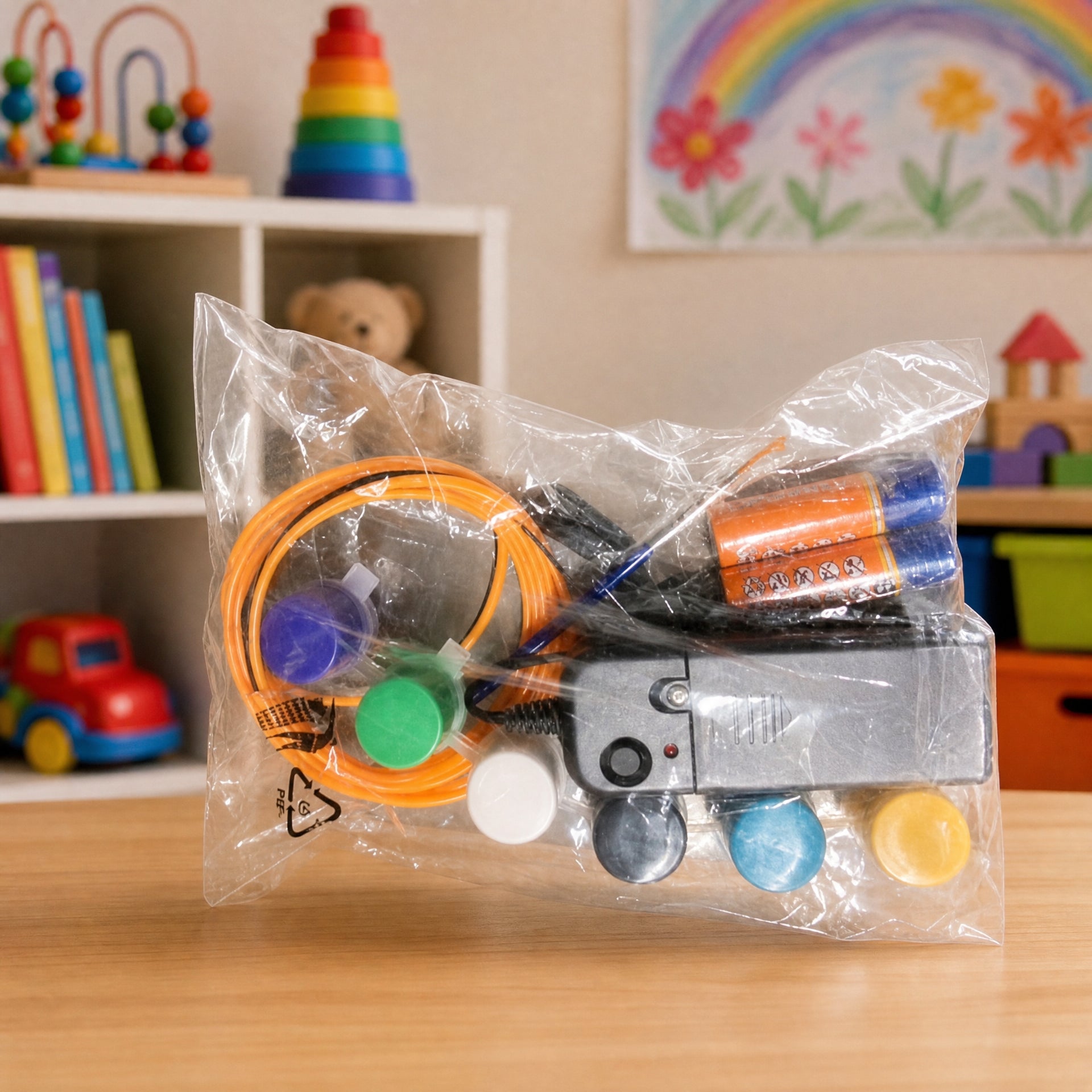 Conjunto compacto con compresor a pilas, tubo naranja en espiral y botes de pintura
