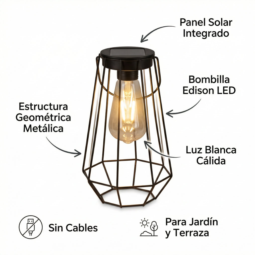 Farolillo Solar Geométrico con Bombilla Edison LED Estructura Metálica | Casalux