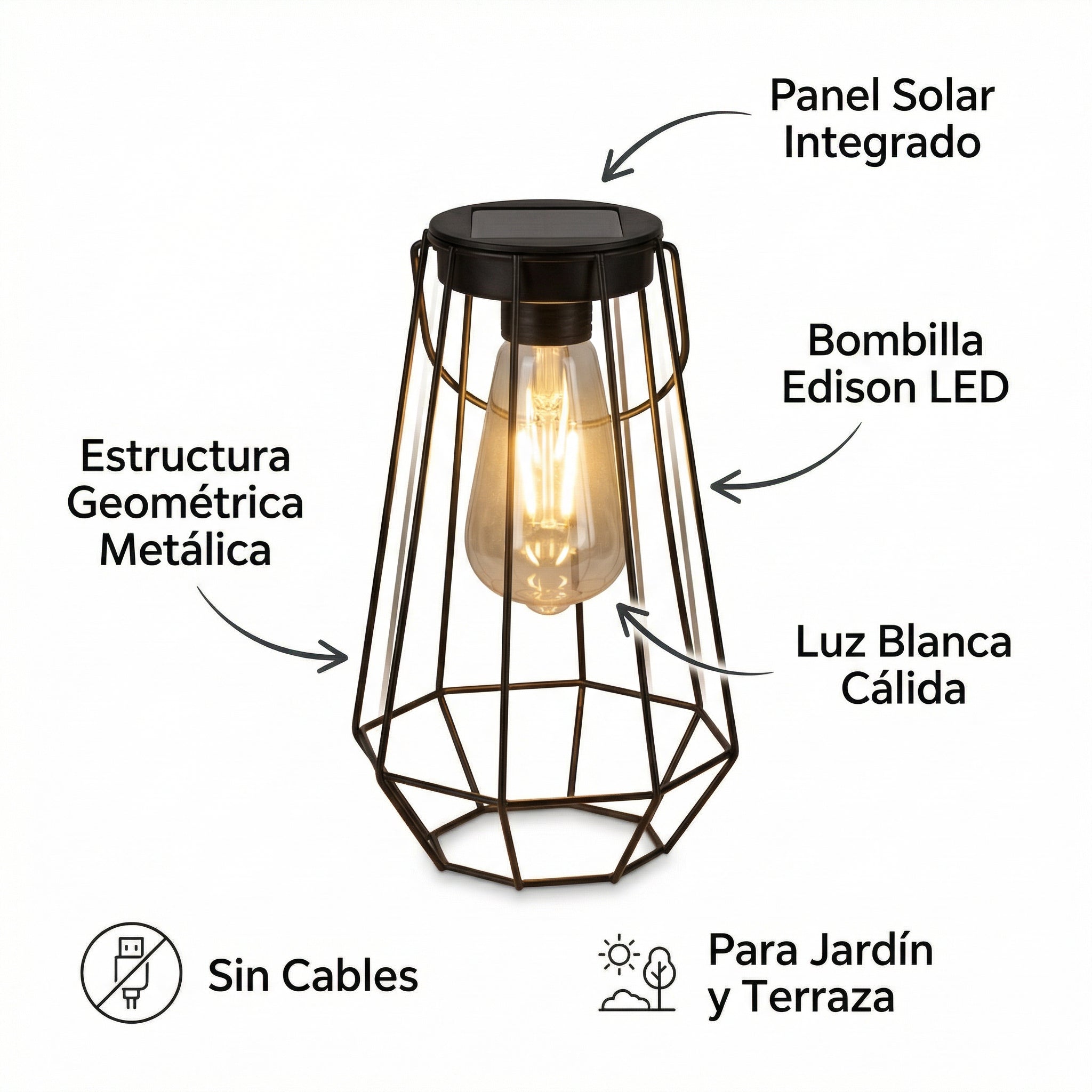 Farolillo Solar Geométrico con Bombilla Edison LED Estructura Metálica | Casalux