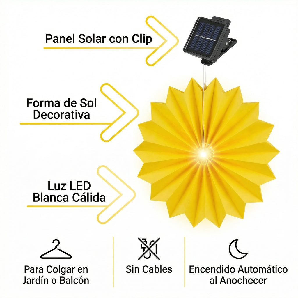 Farolillo Solar Forma de Sol Amarillo Colgante con Panel Solar y Clip | Belavi