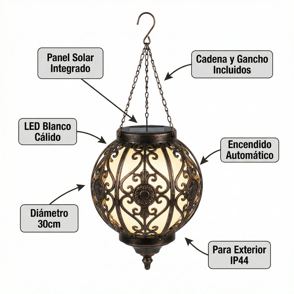 Farolillo Solar LED Esférico Colgante 30cm Metal Ornamental con Cadena | Livarno Home