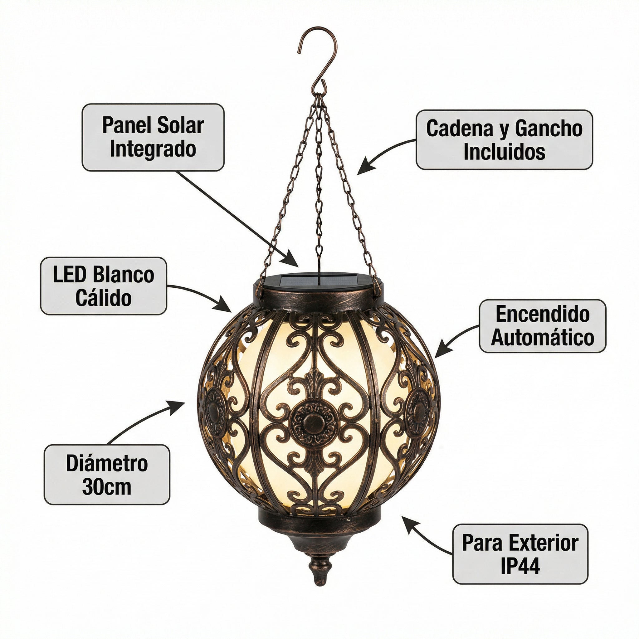 Farolillo Solar LED Esférico Colgante 30cm Metal Ornamental con Cadena | Livarno Home