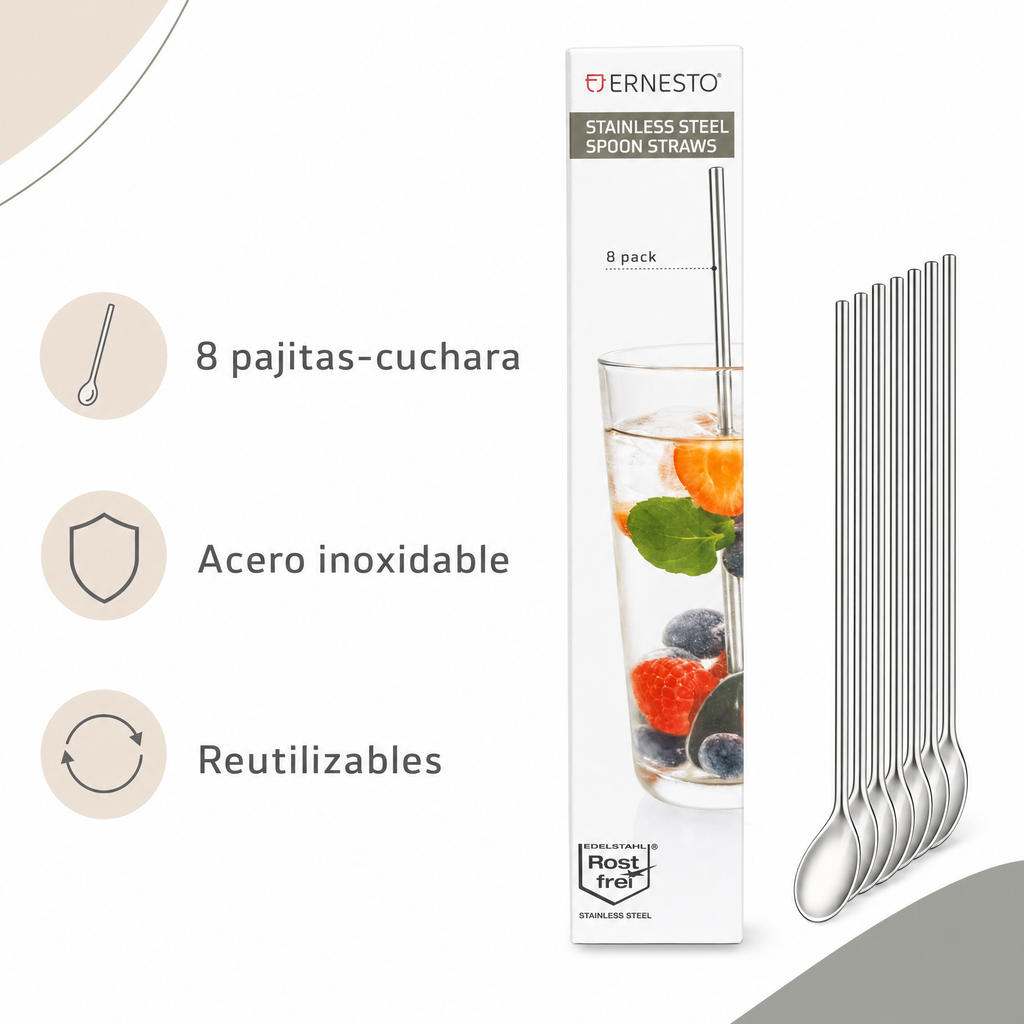 Ernesto Pack de 8 Pajitas-Cuchara de Acero Inoxidable