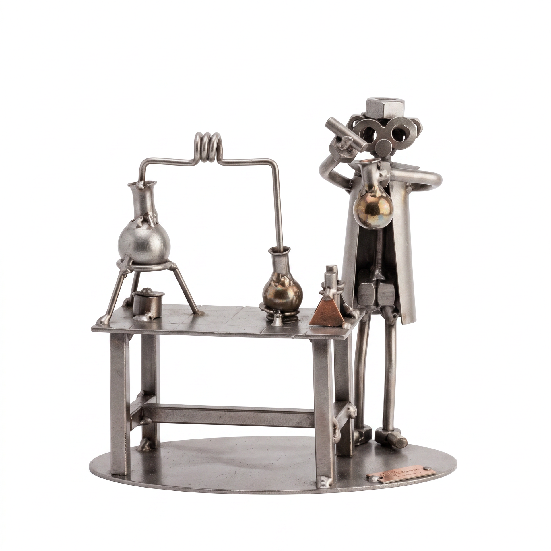 Figura artesanal de metal científico en laboratorio - fondo blanco