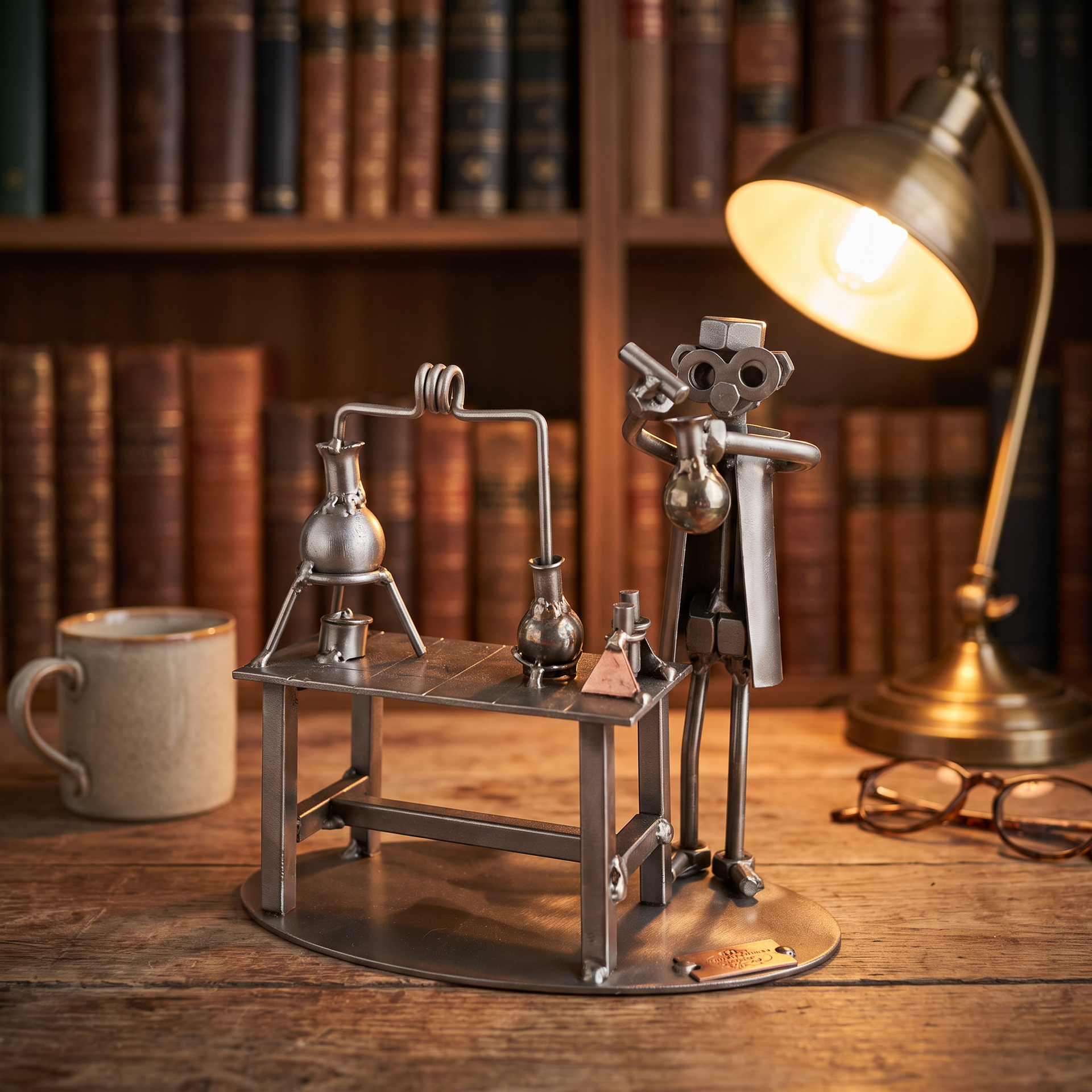 Figura artesanal de metal científico - decoración escritorio