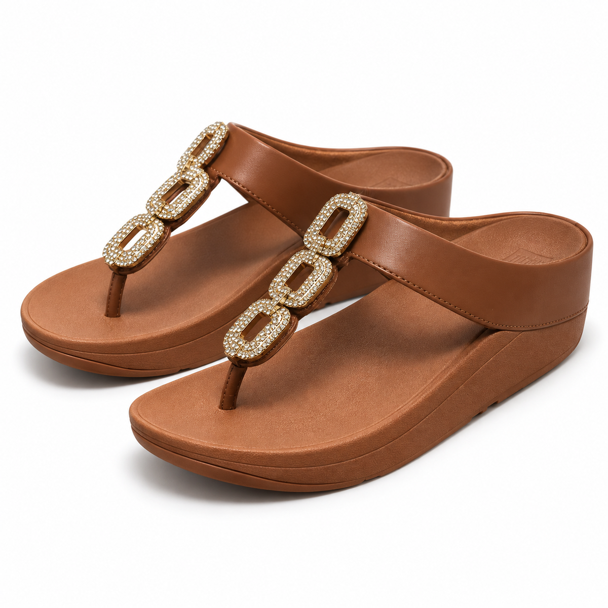 Sandalias FitFlop Fino Crystal-Chain Deep Tan talla 39 sobre fondo blanco