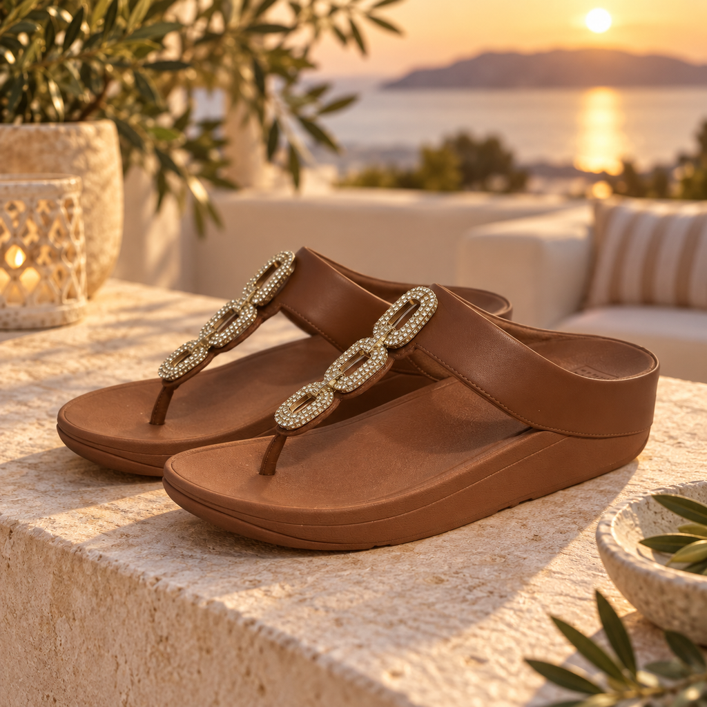 Sandalias FitFlop Fino Crystal-Chain Deep Tan talla 39 en ambiente de verano