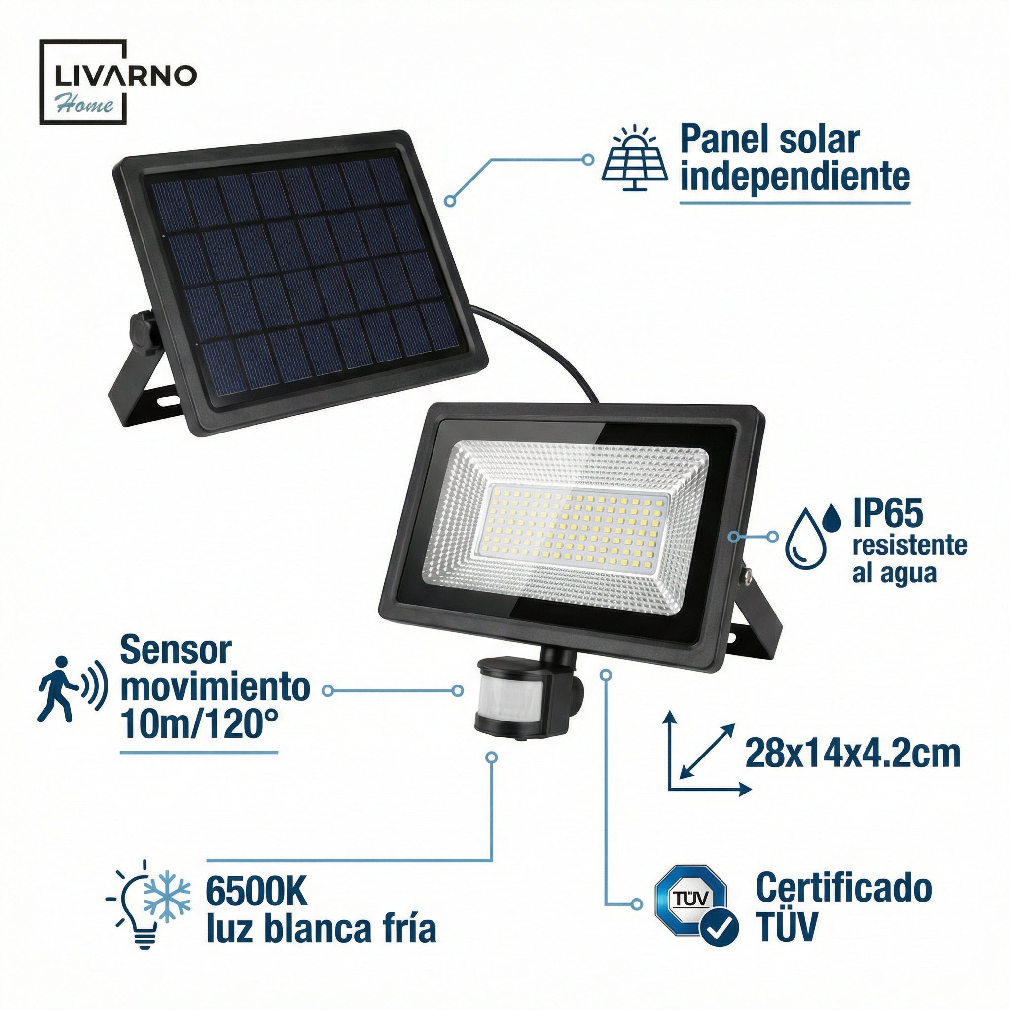 Foco Solar LED Grande con Sensor Movimiento IP65 Panel Independiente 28x14cm | Livarno Home