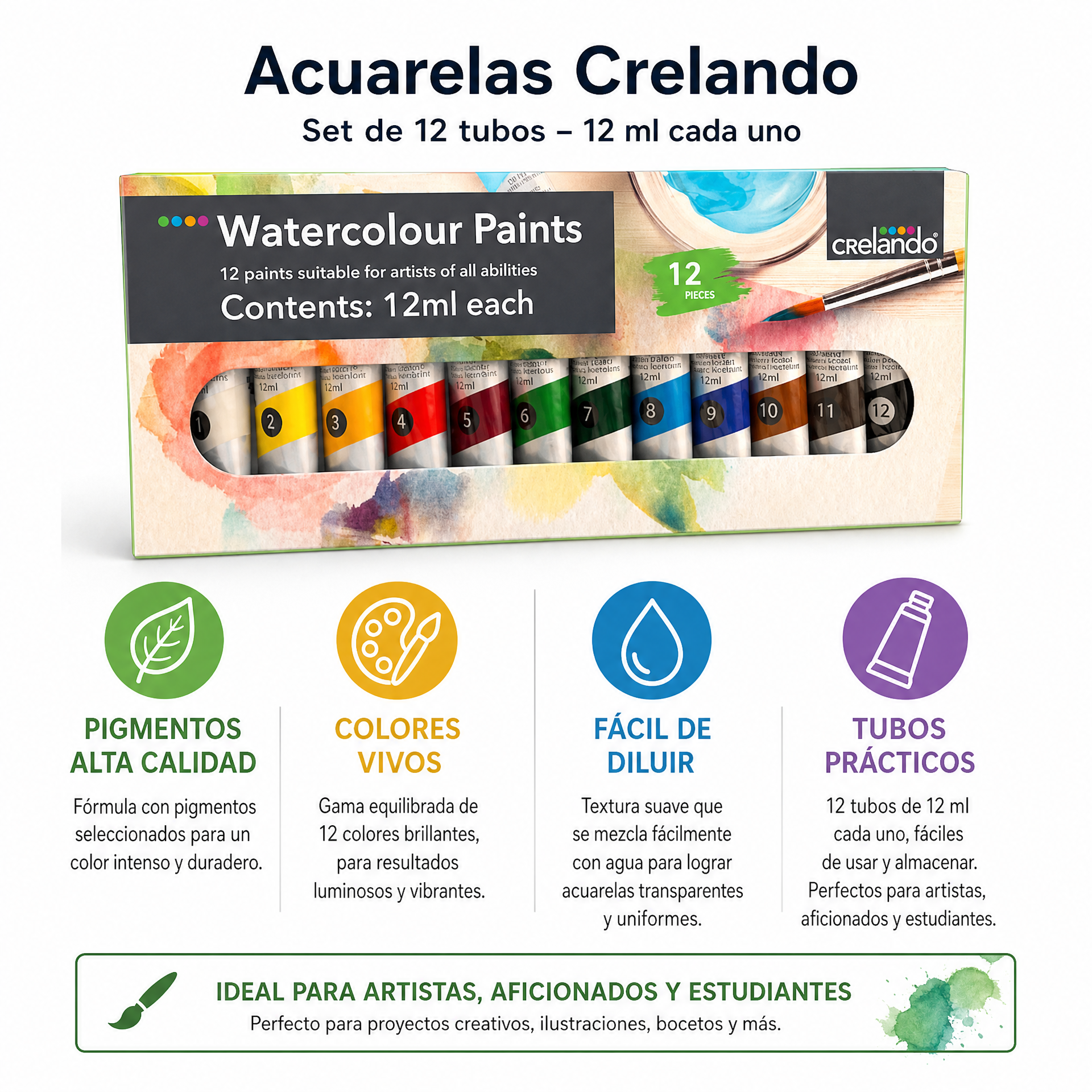 Crelando Set Acuarelas 12 Tubos