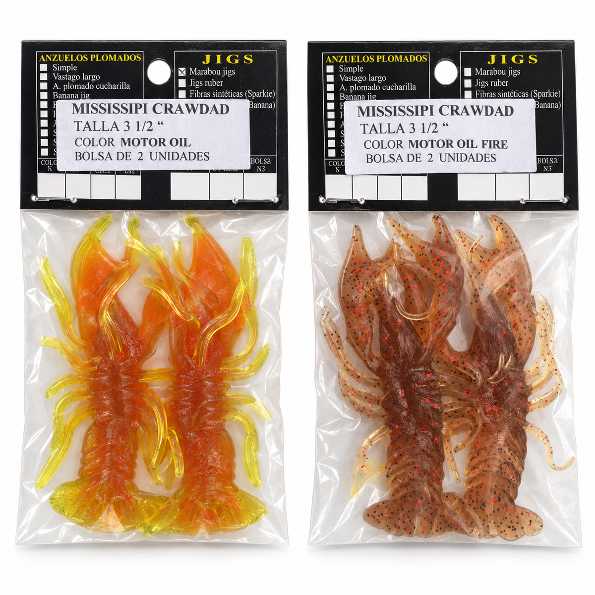 Futurpesa Mississippi Crawdad Motor Oil y Motor Oil Fire sobre fondo blanco