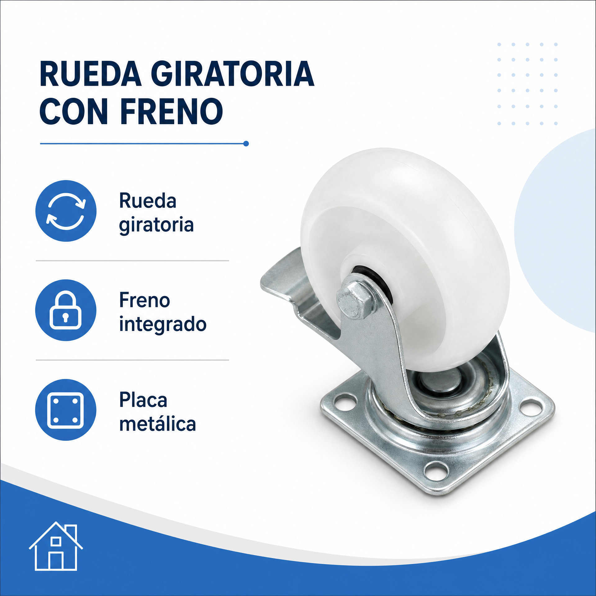 Rueda giratoria blanca para muebles con placa metálica y freno
