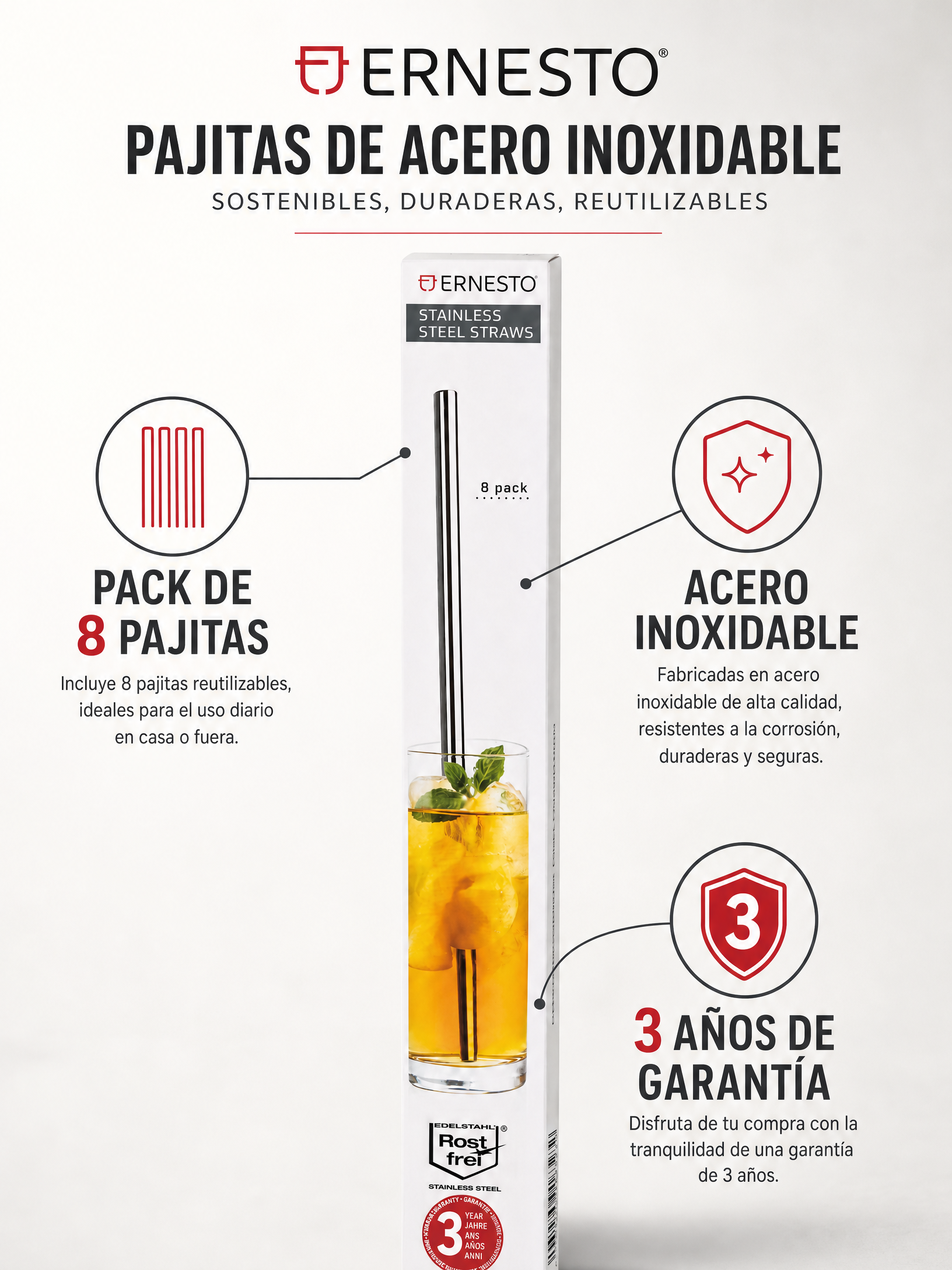ERNESTO Pajitas de acero inoxidable pack de 8