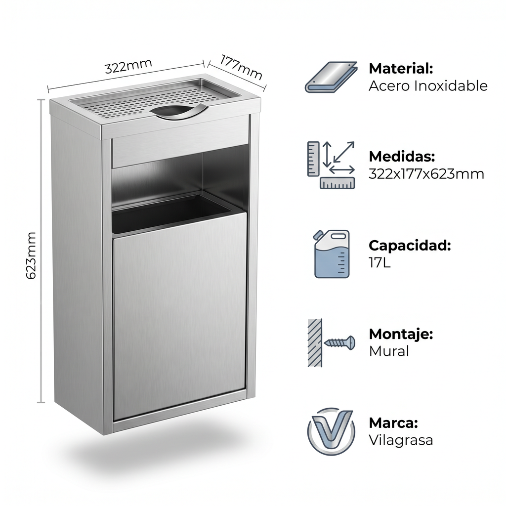Papelera Exterior Vilagrasa MR-01 INOX — Cenicero Pap.Mural 322X177X623 Mm Cap. 17 L.