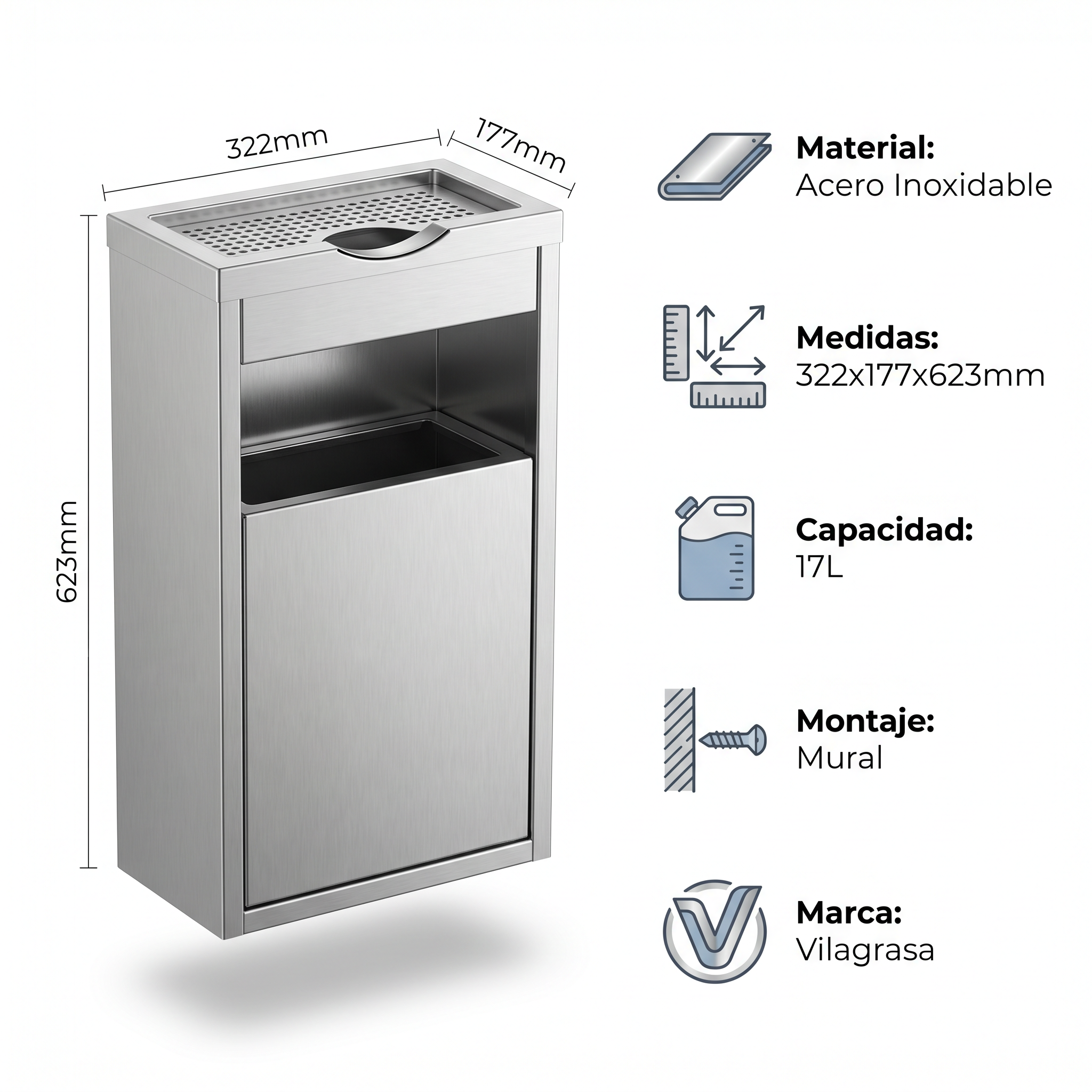 Papelera Exterior Vilagrasa MR-01 INOX — Cenicero Pap.Mural 322X177X623 Mm Cap. 17 L.