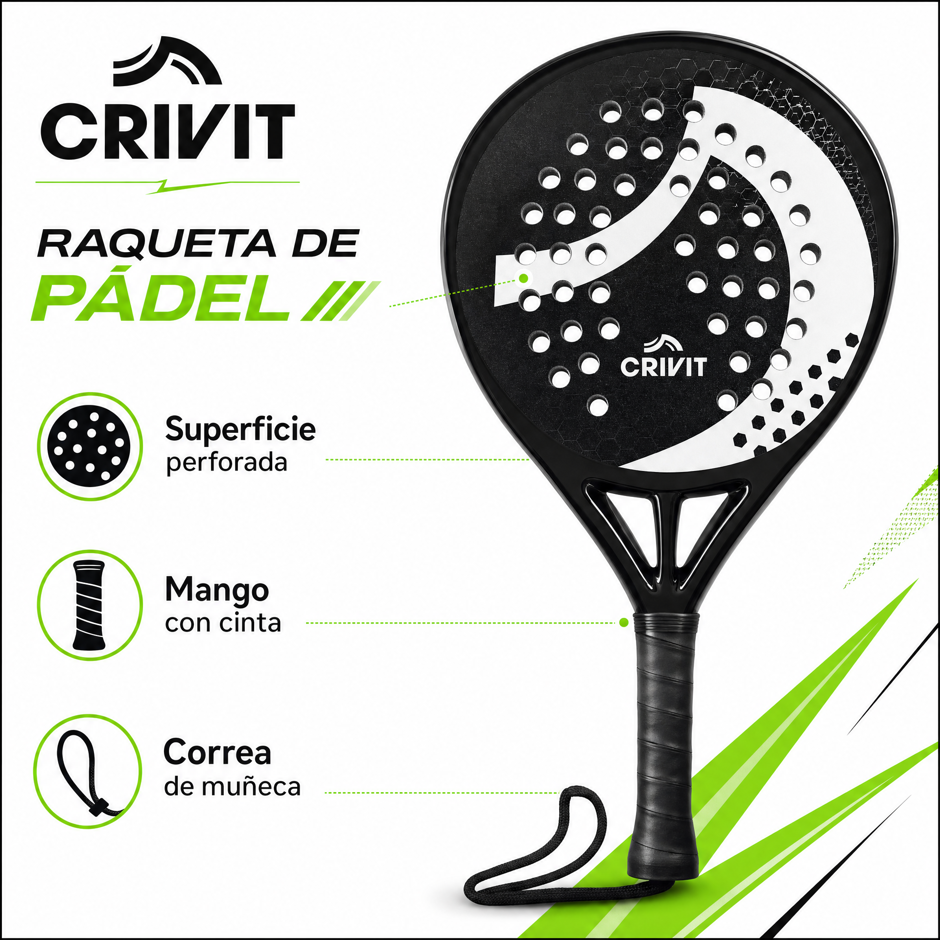Crivit raqueta de pádel negra con orificios y correa de seguridad