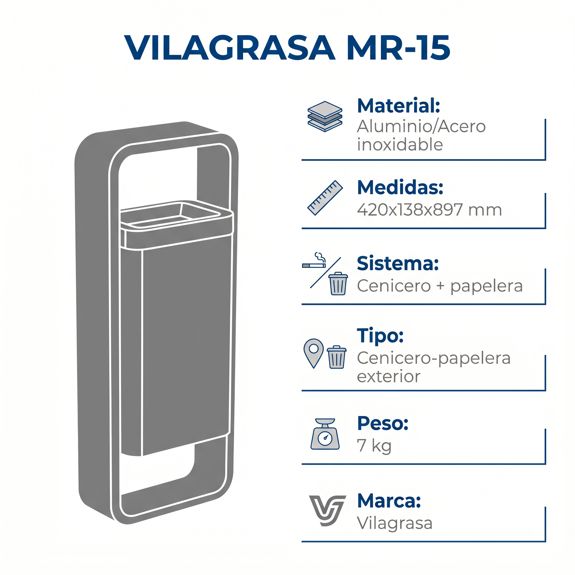 Papelera Exterior Vilagrasa MR-15 — Inox Cenicero + Papel Era De 420X138X897