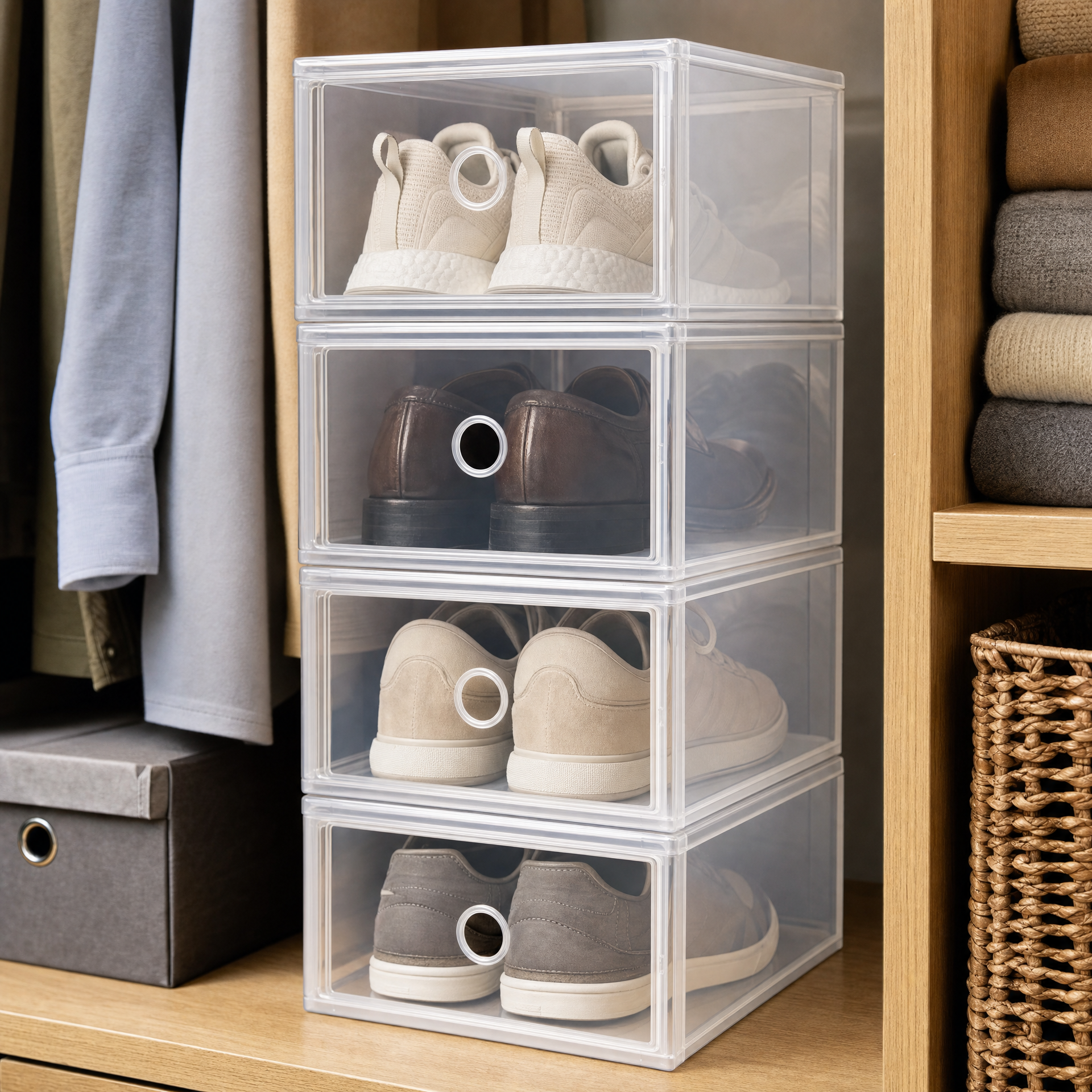 Caja apilable transparente para zapatos con orificios circulares