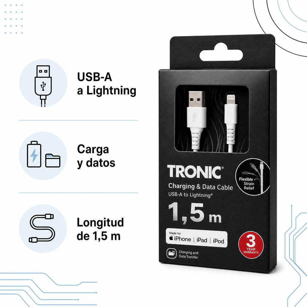 Tronic cable USB-A a Lightning para iPhone, iPad y iPod — 1,5 m