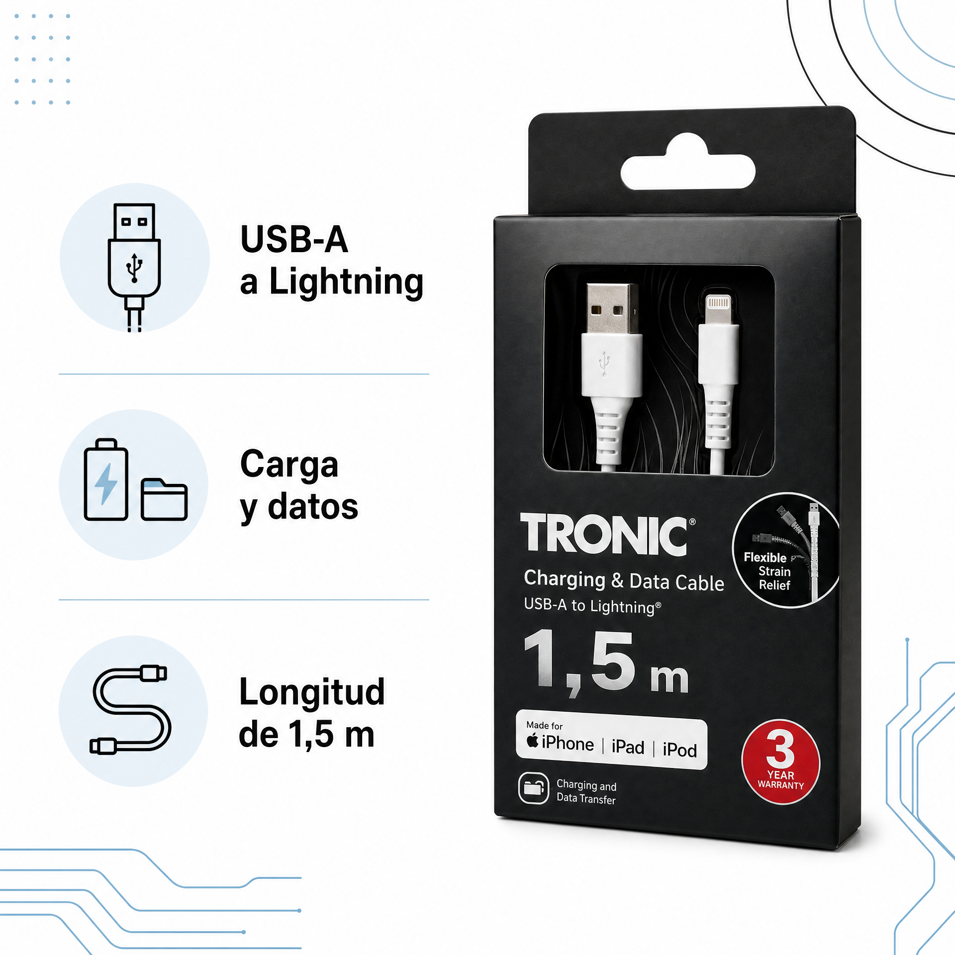 Tronic cable USB-A a Lightning para iPhone, iPad y iPod — 1,5 m