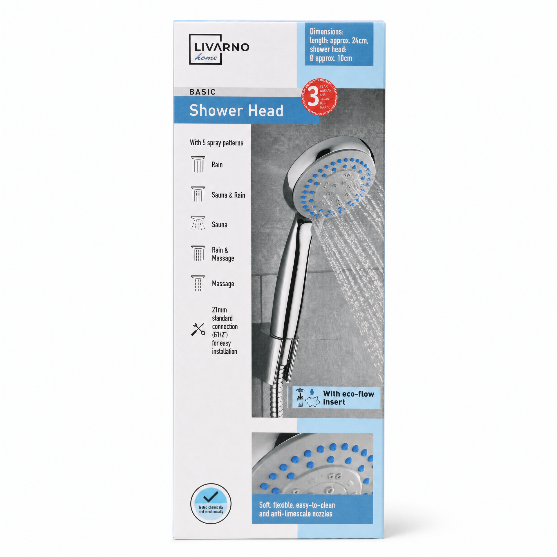 Livarno Home Alcachofa de ducha cromada 5 tipos de chorro boquillas de silicona antical