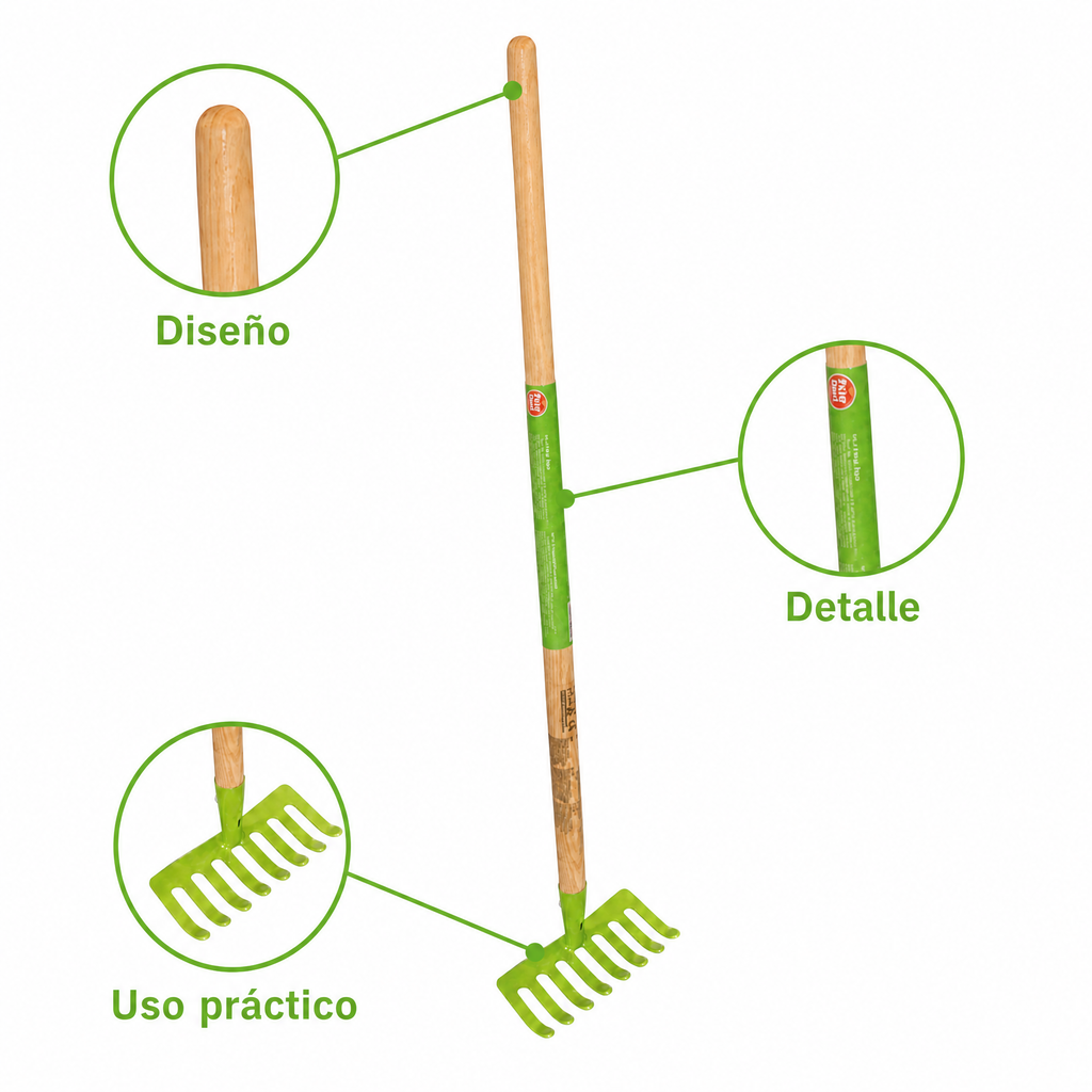Rastrillo de hojas verde con mango largo ergonómico