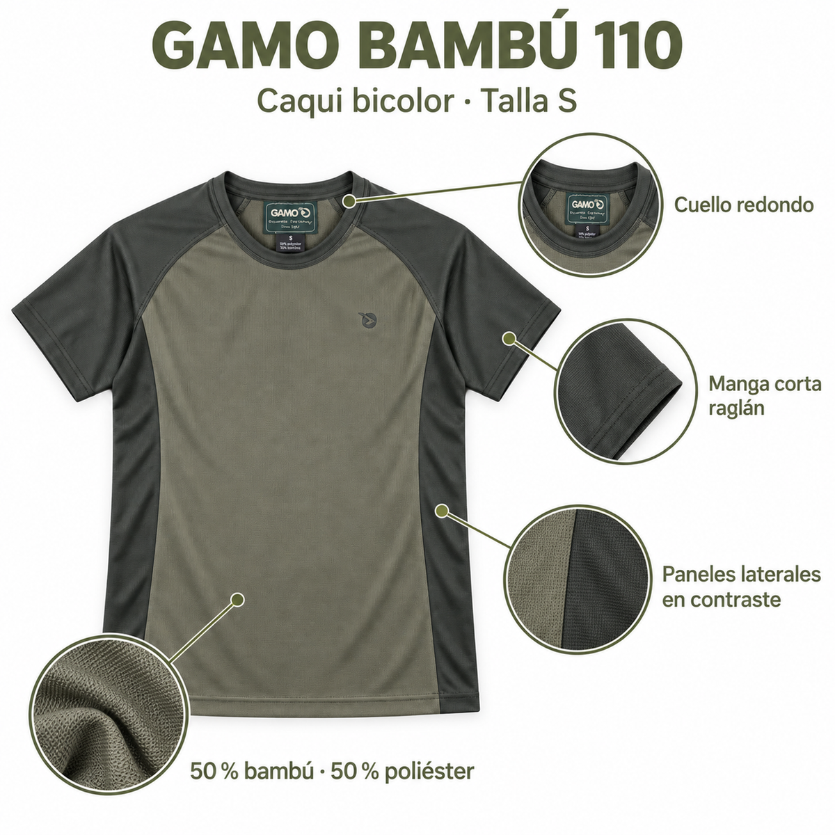Características Gamo Bambú 110: talla S, 50% bambú y 50% poliéster, manga corta raglán