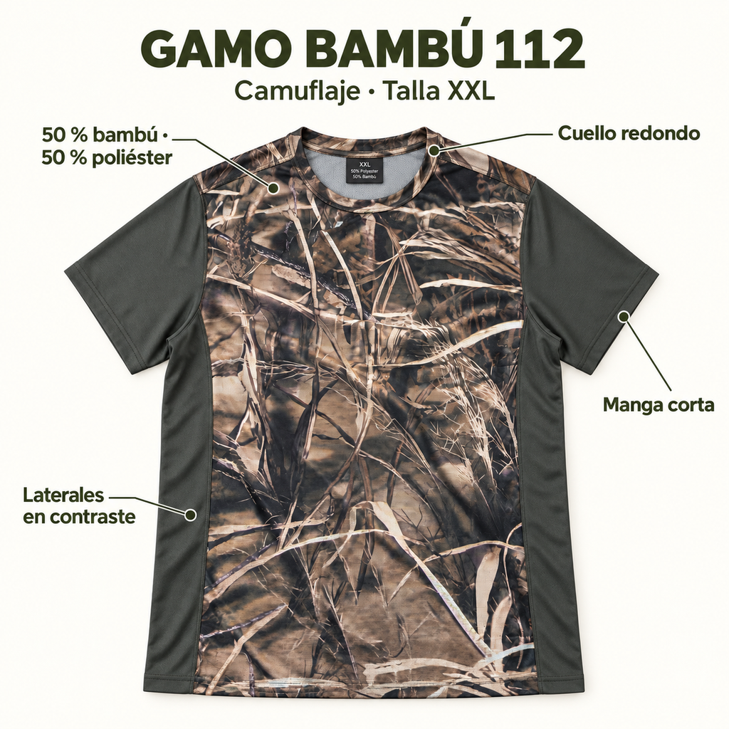 Características Gamo Bambú 112 XXL: 50% bambú y 50% poliéster, cuello redondo y laterales en contraste