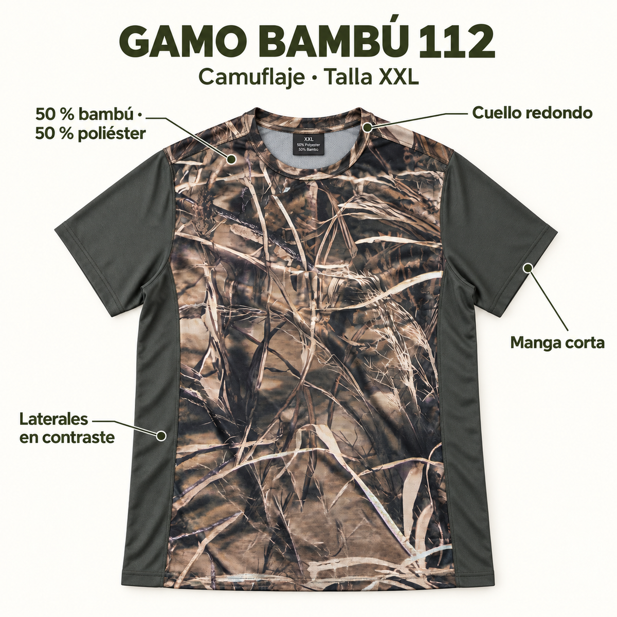Características Gamo Bambú 112 XXL: 50% bambú y 50% poliéster, cuello redondo y laterales en contraste