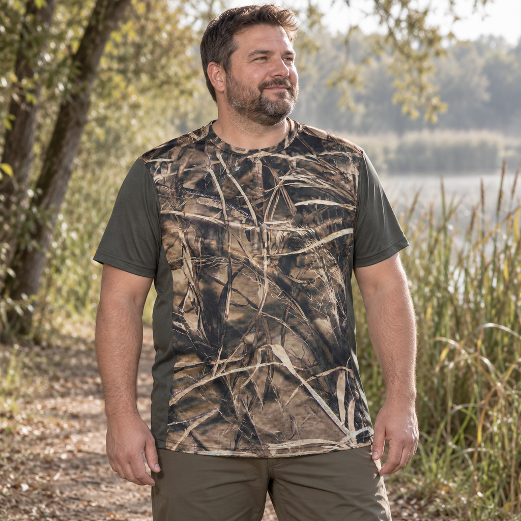 Camiseta Gamo Bambú 112 Camu Tech XXL en una escena junto a un sendero y juncos