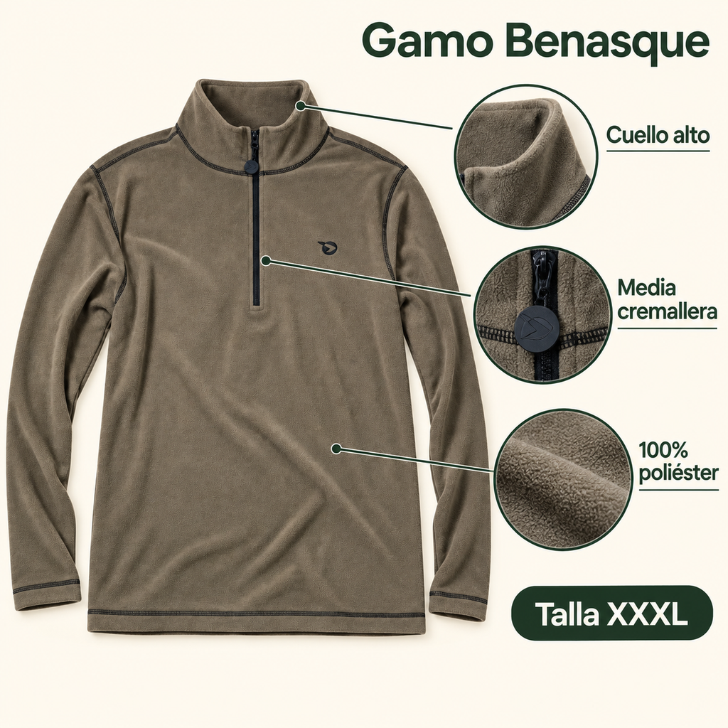 Características del polar Gamo Benasque: talla XXXL, 100% poliéster, cuello alto y media cremallera
