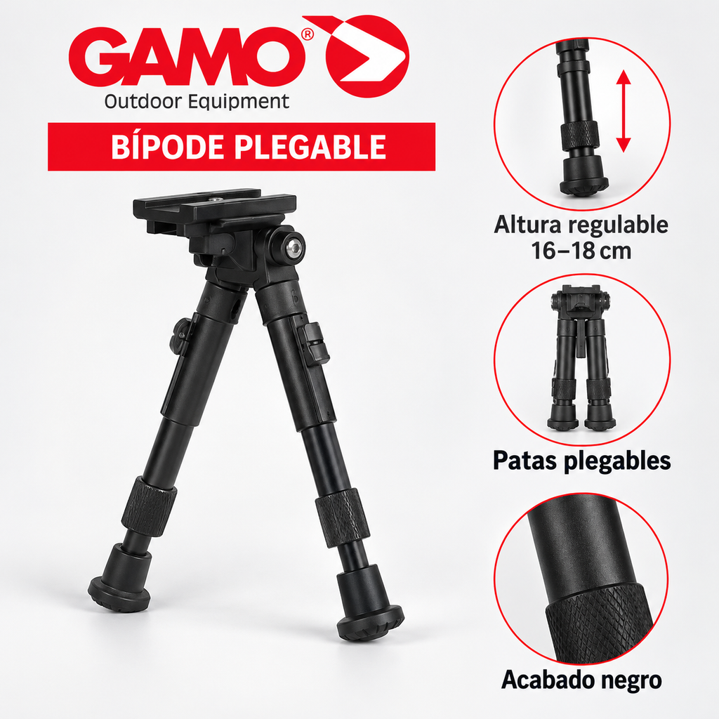Características del bípode plegable Gamo 16–18 cm