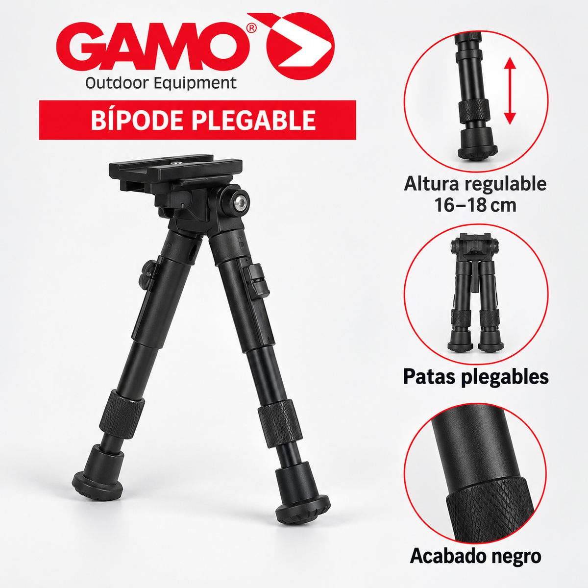 Características del bípode plegable Gamo 16–18 cm