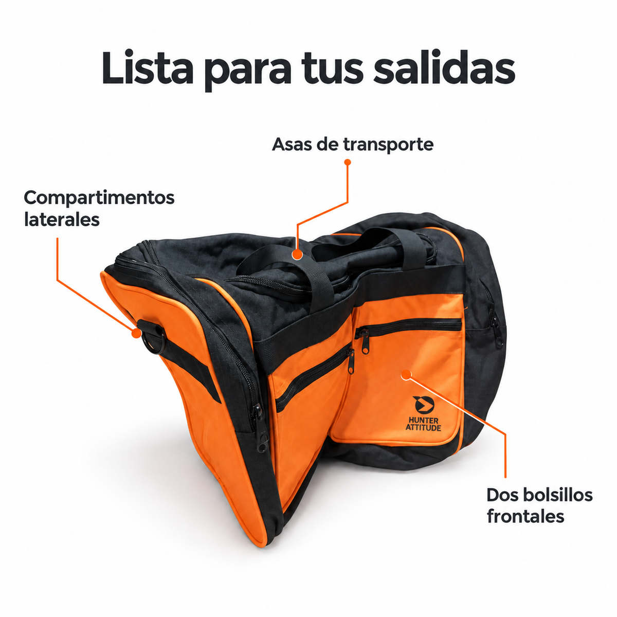 Bolsa Gamo naranja: asas de transporte, dos bolsillos frontales y compartimentos laterales