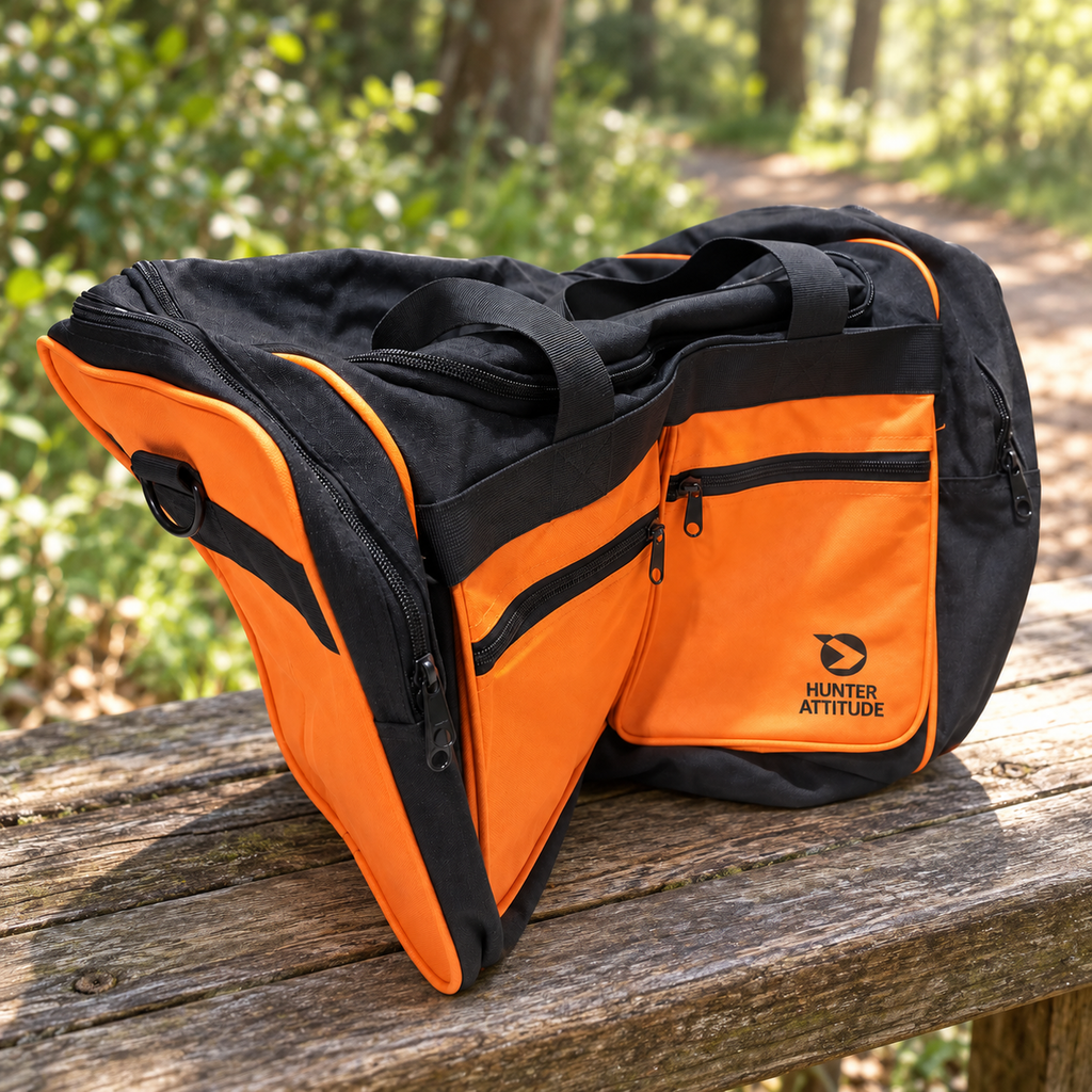 Bolsa Gamo Hunter Attitude negra y naranja sobre un banco junto a un sendero