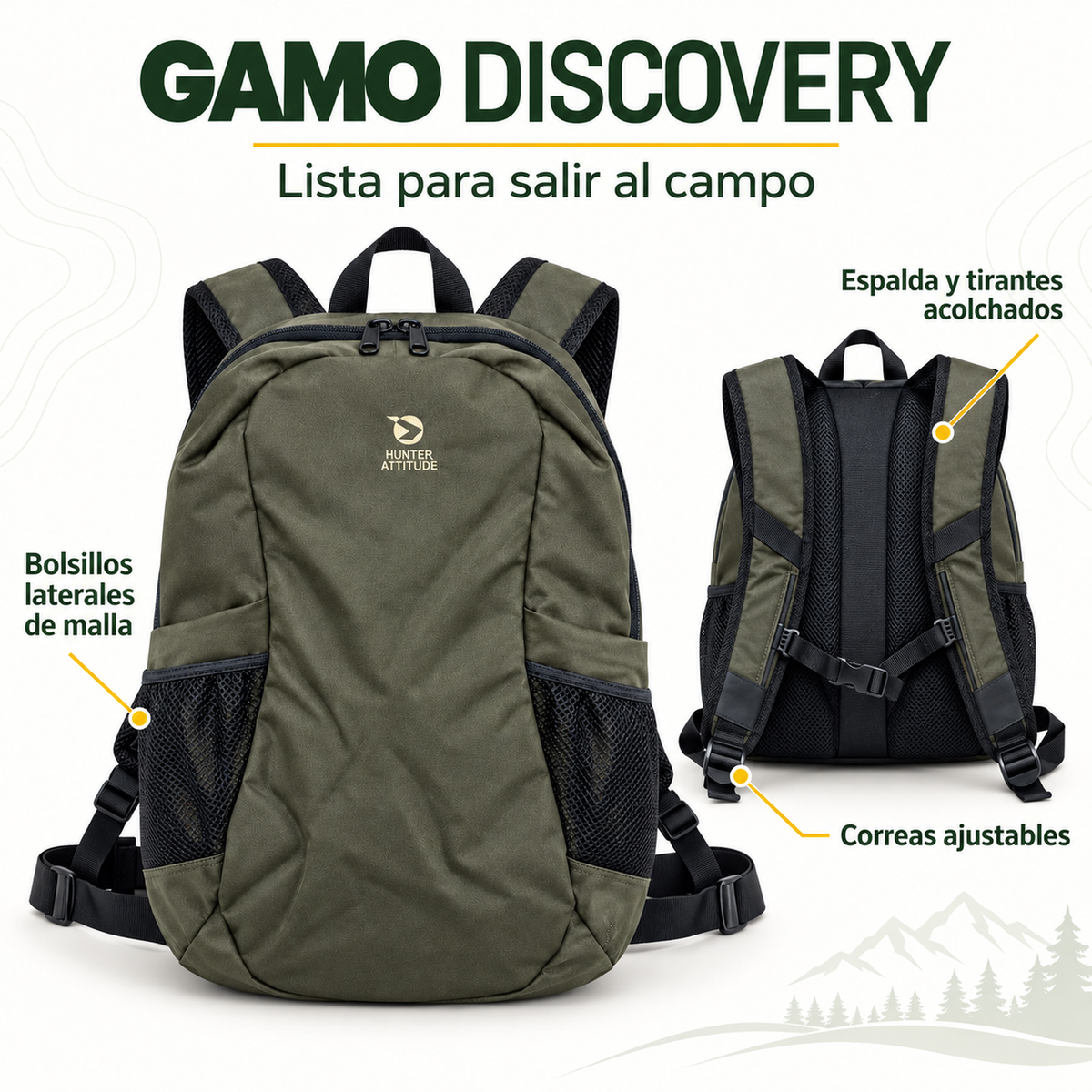 Mochila Gamo Discovery: bolsillos laterales de malla, espalda y tirantes acolchados y correas ajustables