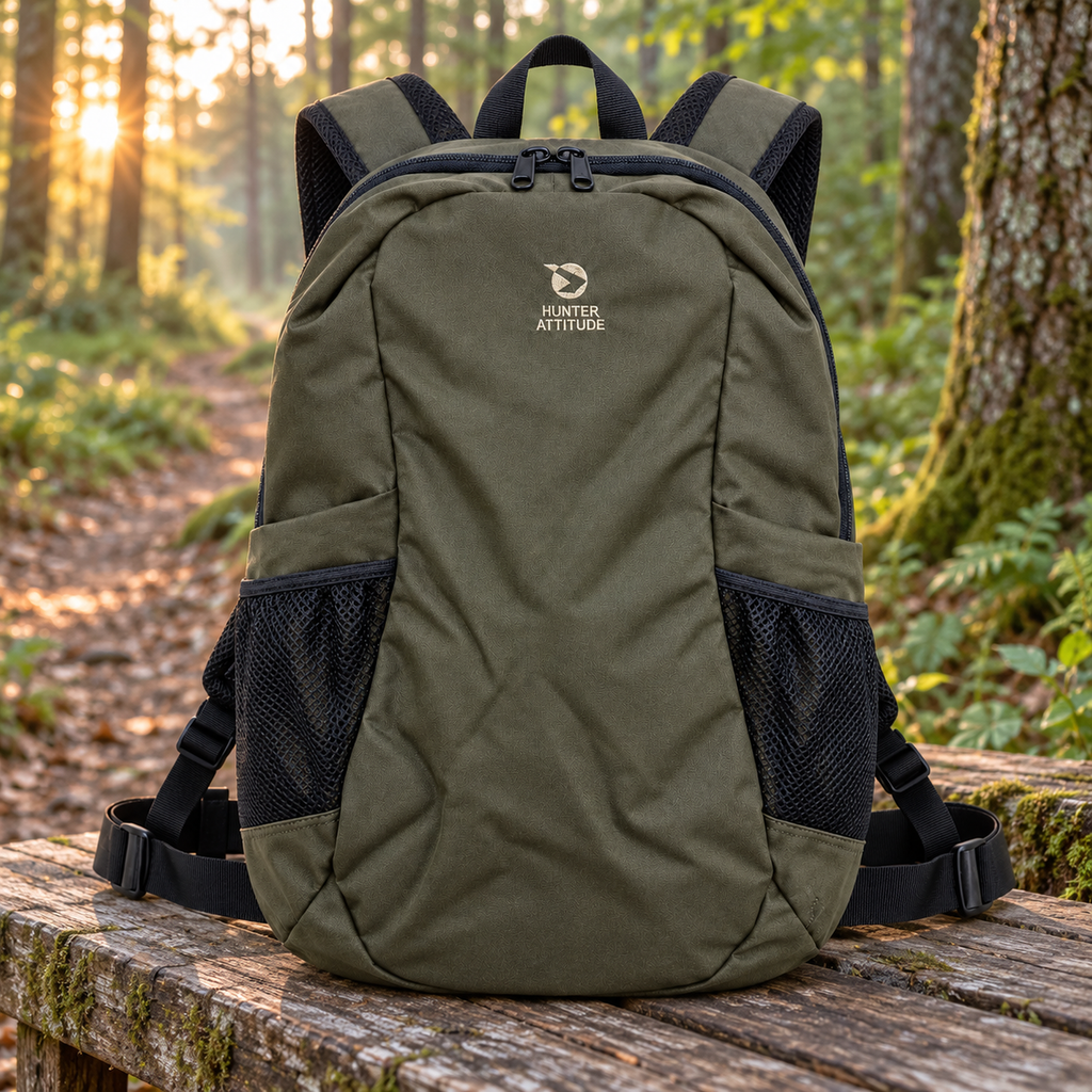 Mochila Gamo Discovery verde oliva preparada sobre un banco junto a un sendero de bosque