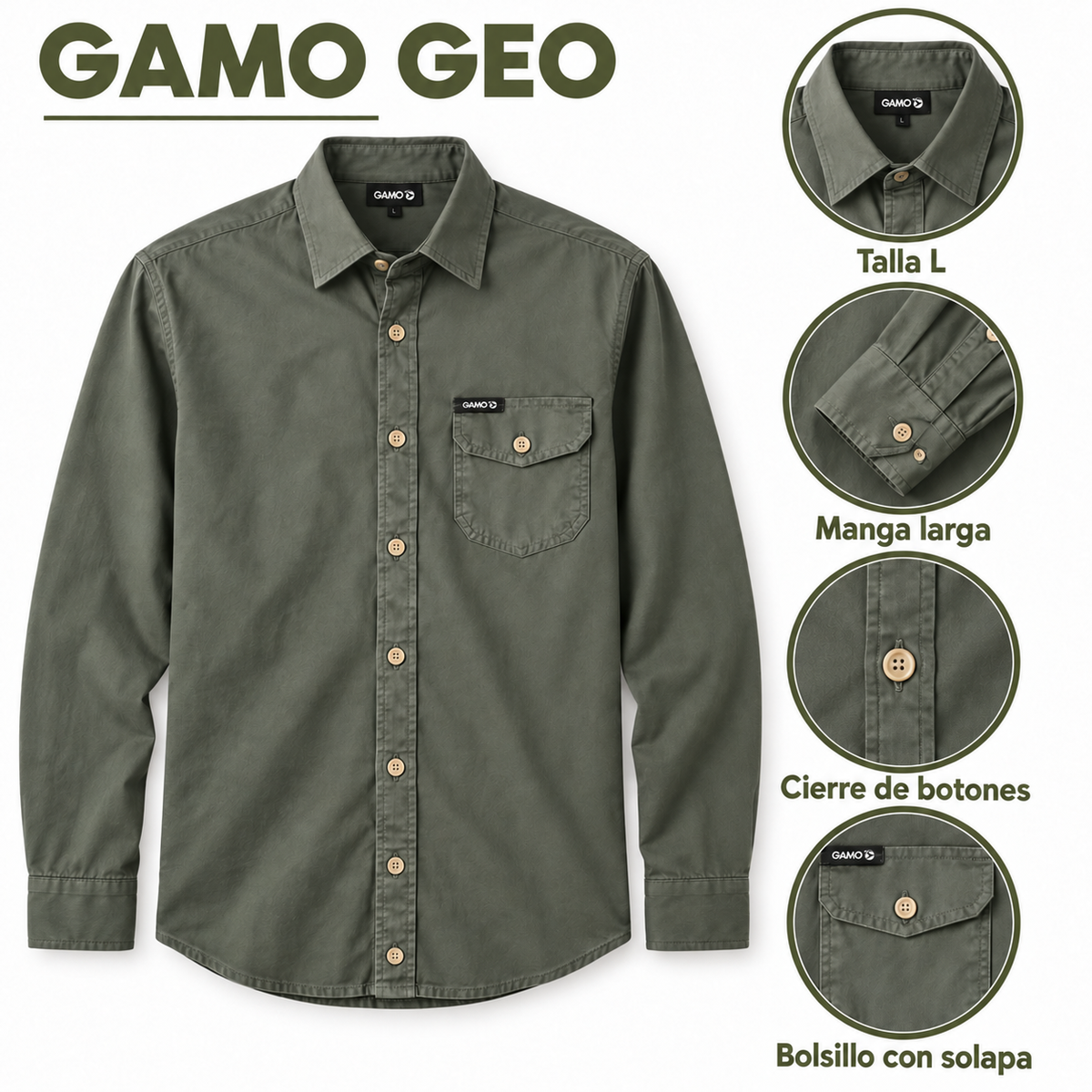 Camisa Gamo Geo talla L: manga larga, botones y bolsillo con solapa