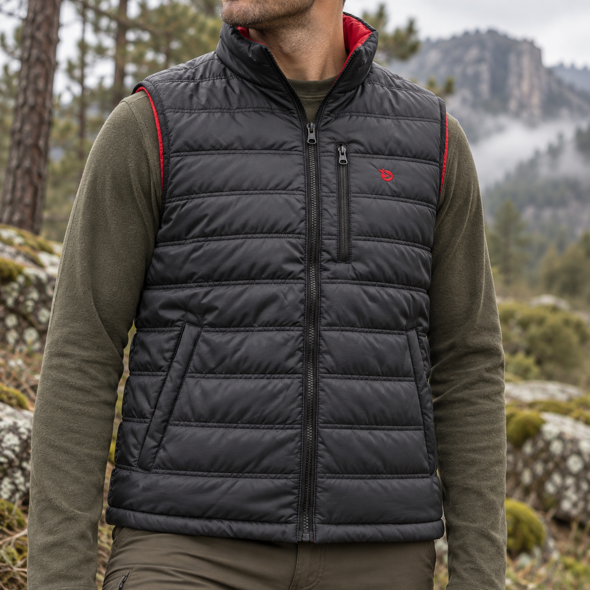 Chaleco Gamo James negro y rojo en entorno de montaña